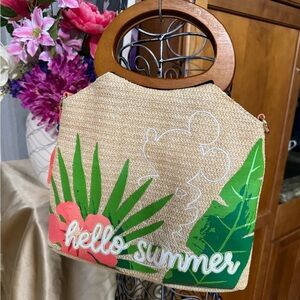 Hello Summer Straw Tote Bag with Wooden Handles